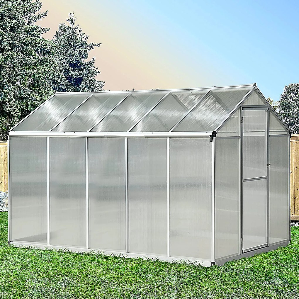 Estufa de jardim 3 x 2 m em alumínio e policarbonato, 5,5 m², com fundação, claraboia e porta com trinco cinzento, transparente