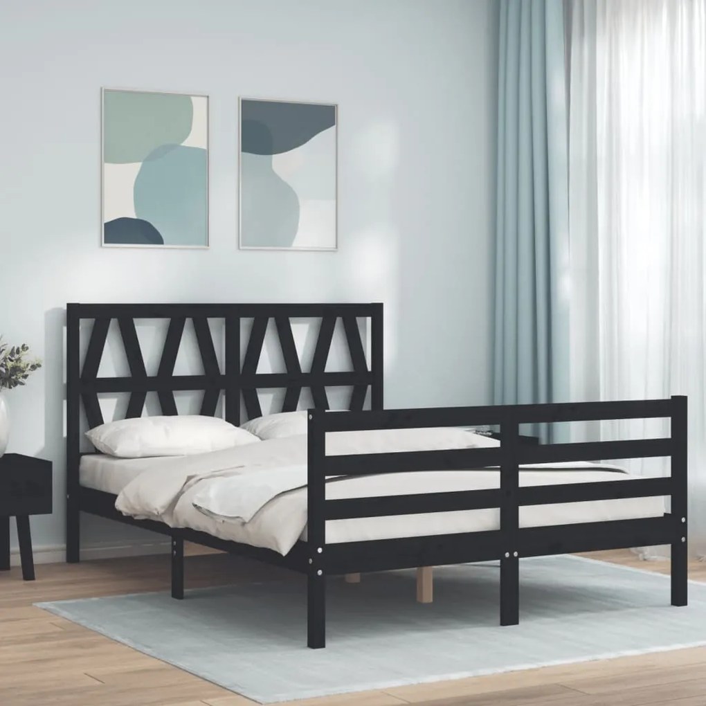 Estrutura de cama de casal c/ cabeceira madeira maciça preto
