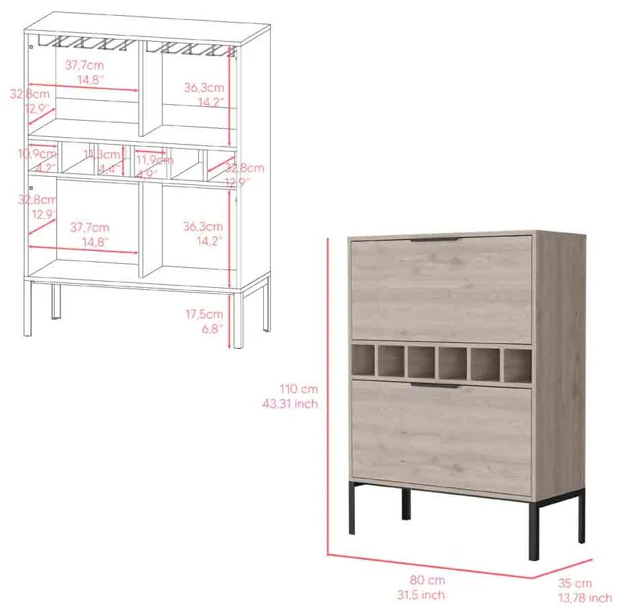 Armário bar Garrafeira Lyrata em melamina com prateleira para vinhos, suporte para copos e 4 prateleiras,80 x 110 x 35 cm cinzento claro