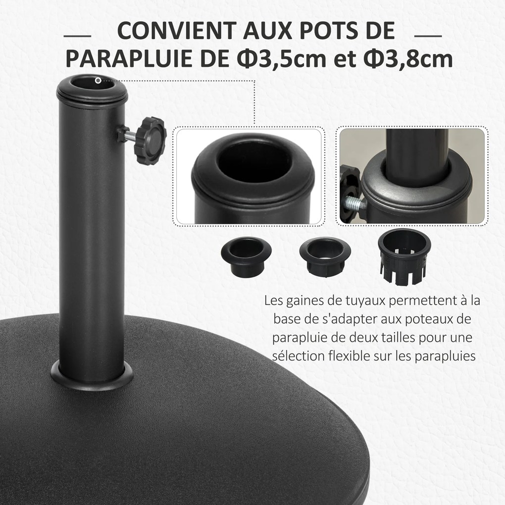 Base redonda para guarda-sol com peso de lastro Ø 49 x 34,5 cm (altura) Peso líquido 20 kg Cimento PVC preto