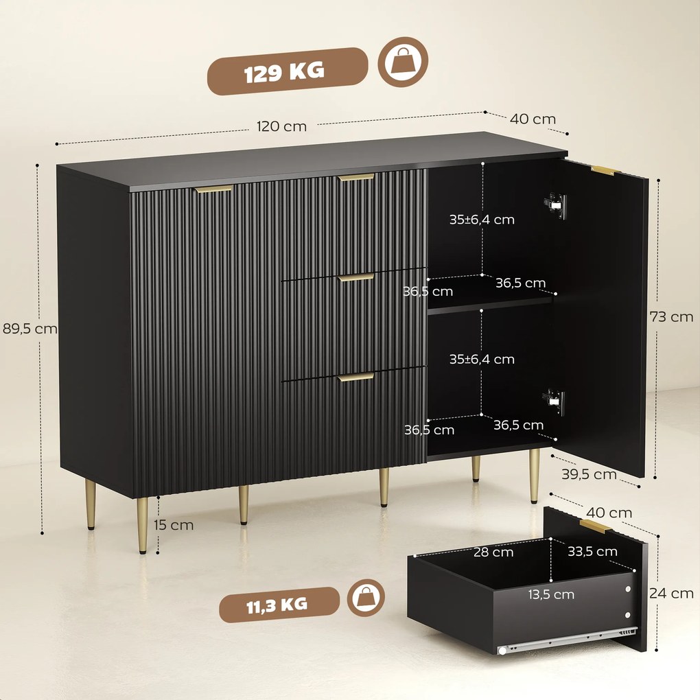 Aparador de sala ou cozinha com 3 gavetas 120 x 40 x 90 cm, prateleiras ajustáveis, armários com portas caneladas, preto