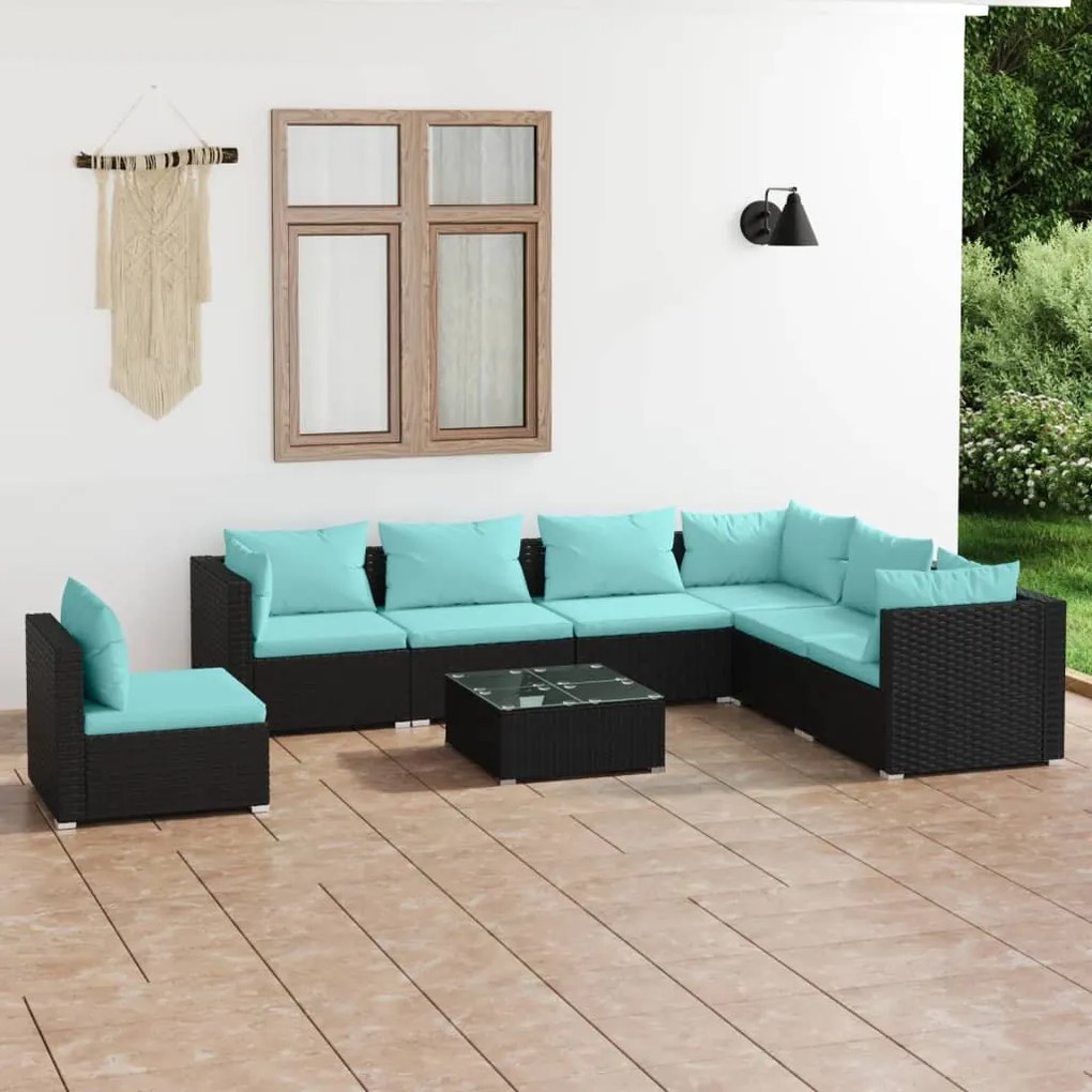 vidaXL 8 pcs conjunto lounge de jardim c/ almofadões vime PE preto