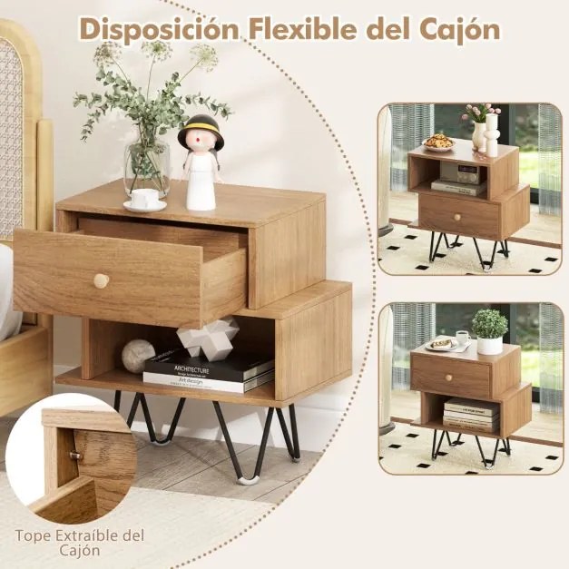 Conjunto de 2 mesas de cabeceira ou Mesas de apoio moderna com gaveta extraível e compartimento aberto natural