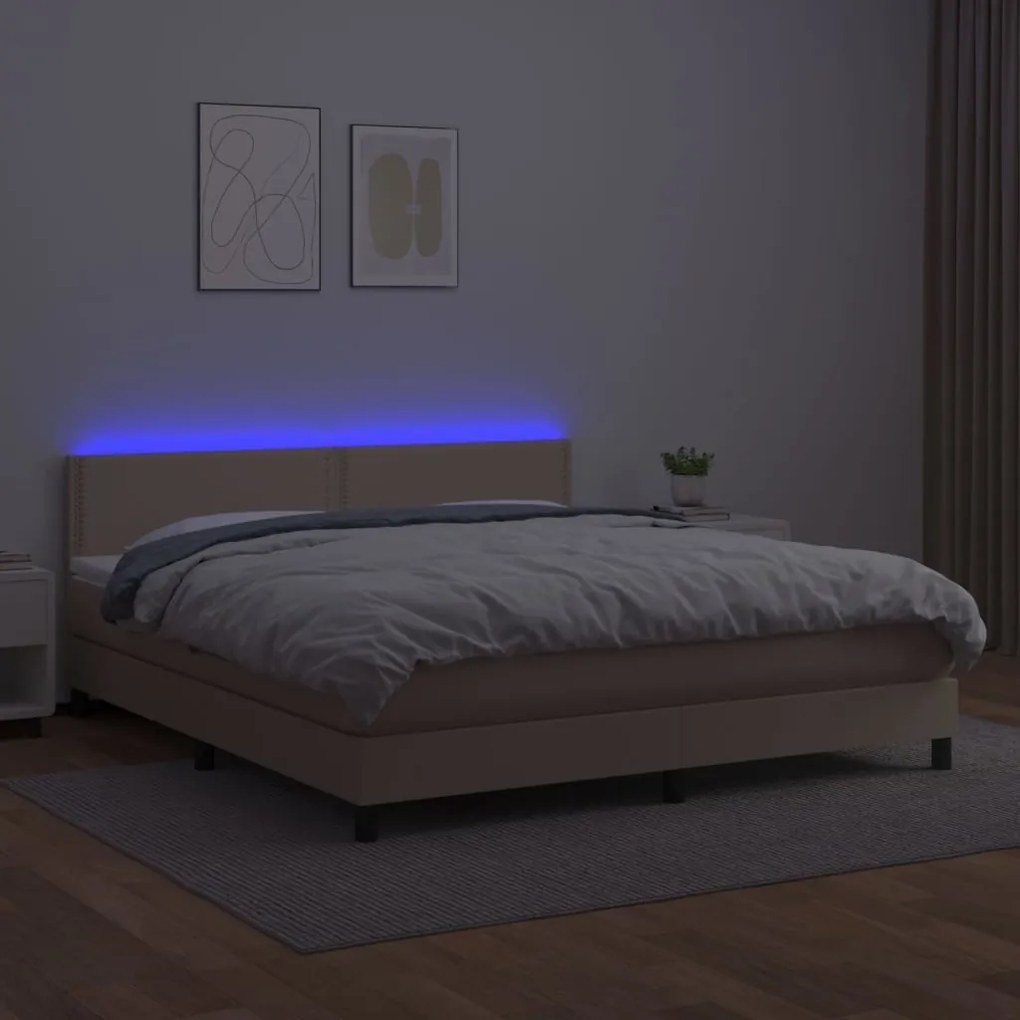 Cama box spring c/colchão/LED 180x200cm couro artif. cappuccino