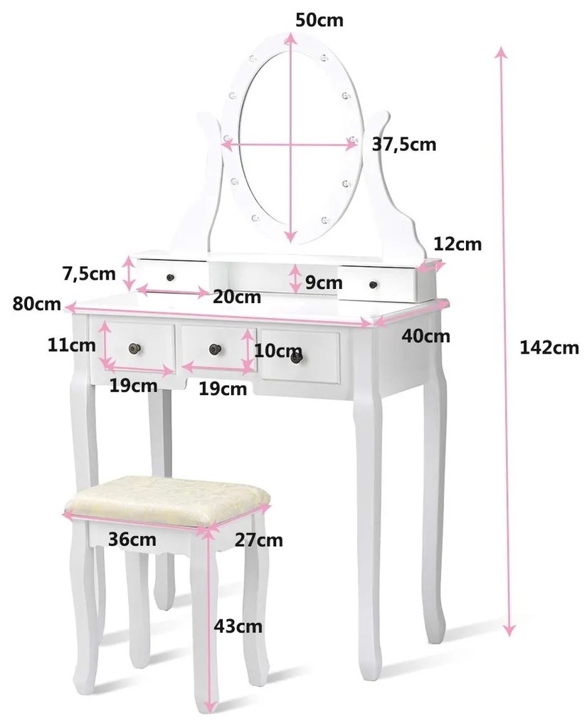 Toucador com Iluminação LED com Espelho e Banco Mesa de Maquilhagem com 5 Gavetas Branco