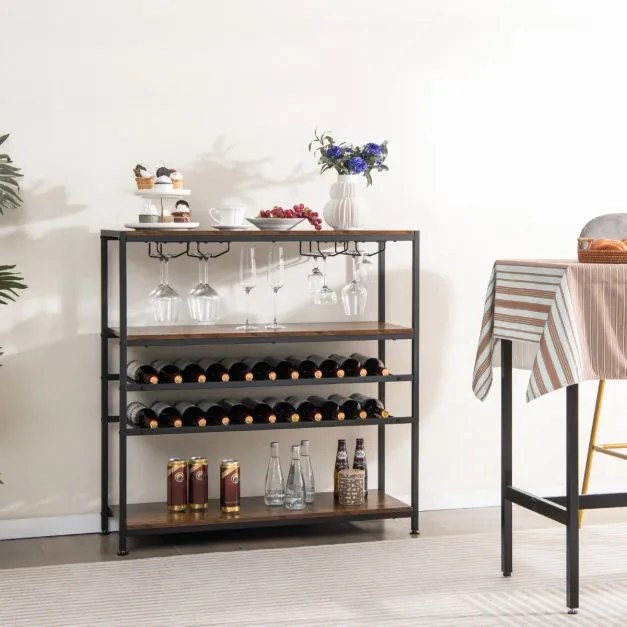 Garrafeira de vinhos 100 x 35 x 101 cm com 5 níveis para 20 garrafas com suporte copos Castanho rústico