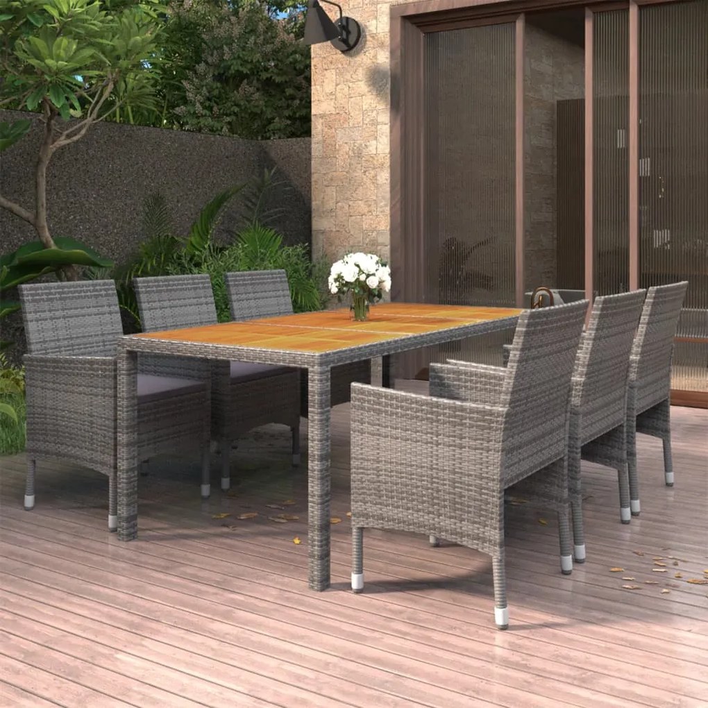 vidaXL 7 pcs conjunto de jantar p/ jardim vime PE cinzento