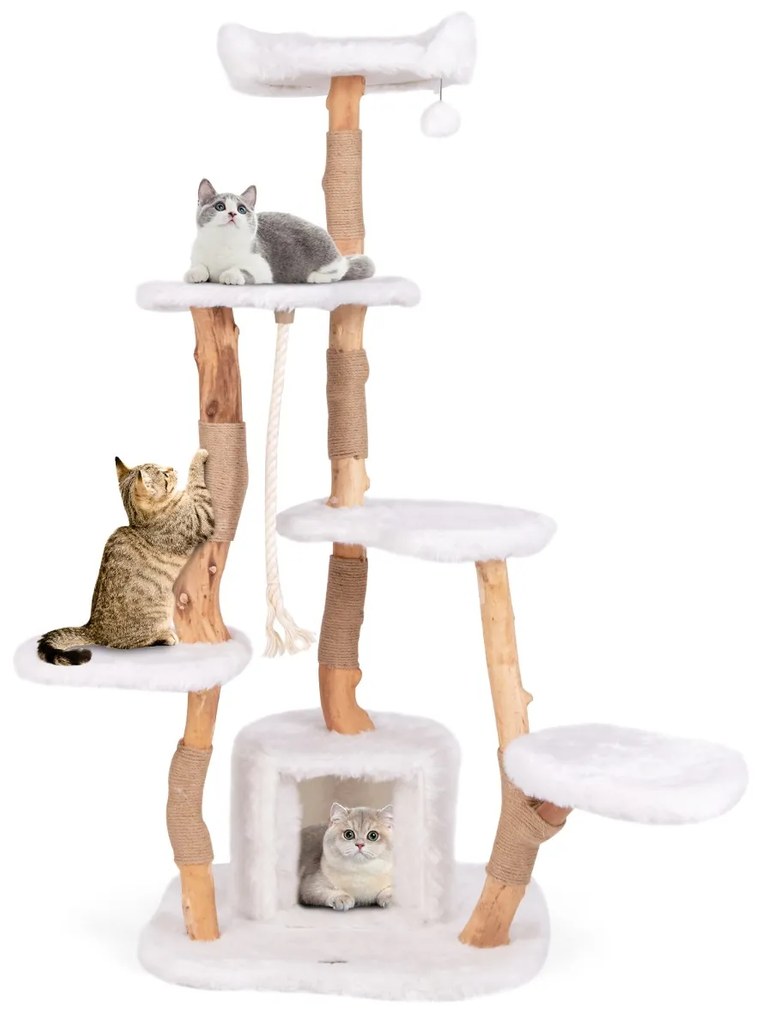 Arranhador de madeira maciça para gatos 168 CM com poleiro Caverna e Postes de arranhar 6 camadas Bola suspensa branca