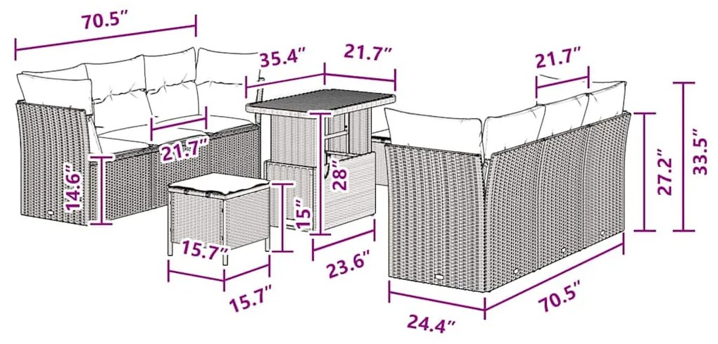 Conjunto de sofá de jardim de 9 peças com almofadas , feito de rattan