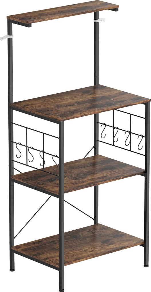 HOMCOM Estante de cozinha, design de 4 níveis, bancada, 8 ganchos, tubos de metal, Marrom+Preto | Aosom Portugal