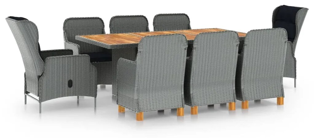 vidaXL 9 pcs conj. jantar exterior + almofadões vime PE cinzento-claro