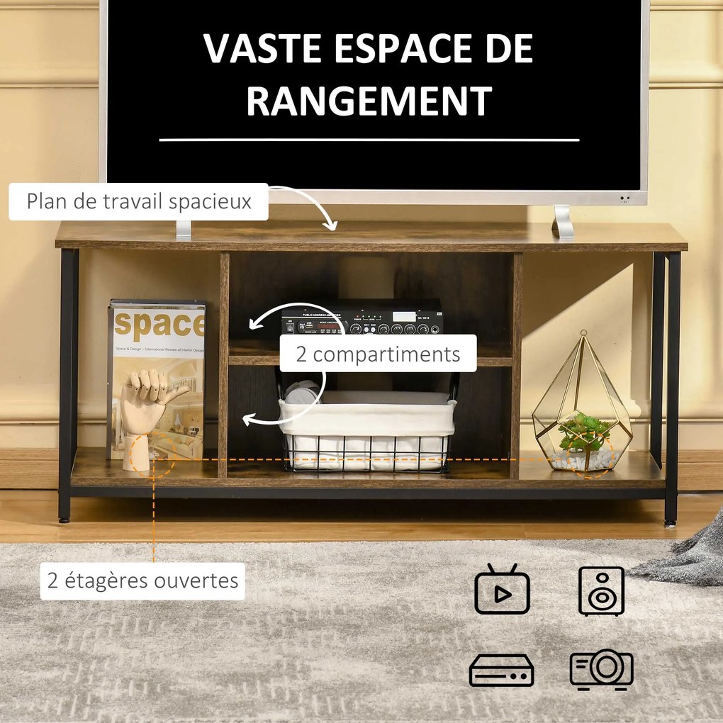Móvel para televisão, com compartimentos abertos e prateleira ajustável, 110 x 40 x 50 cm, castanho rústico