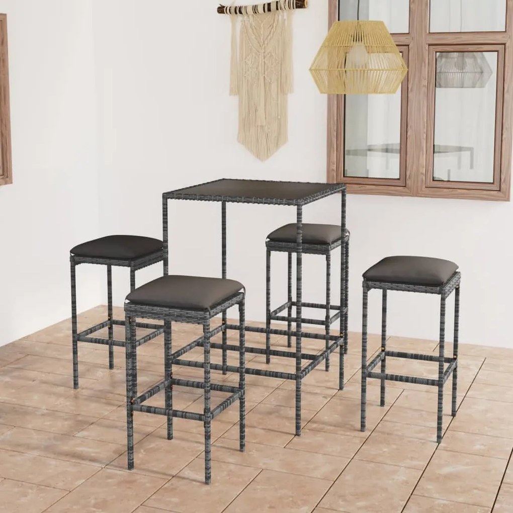 vidaXL 5 pcs conjunto de bar p/ jardim c/ almofadões vime PE cinzento