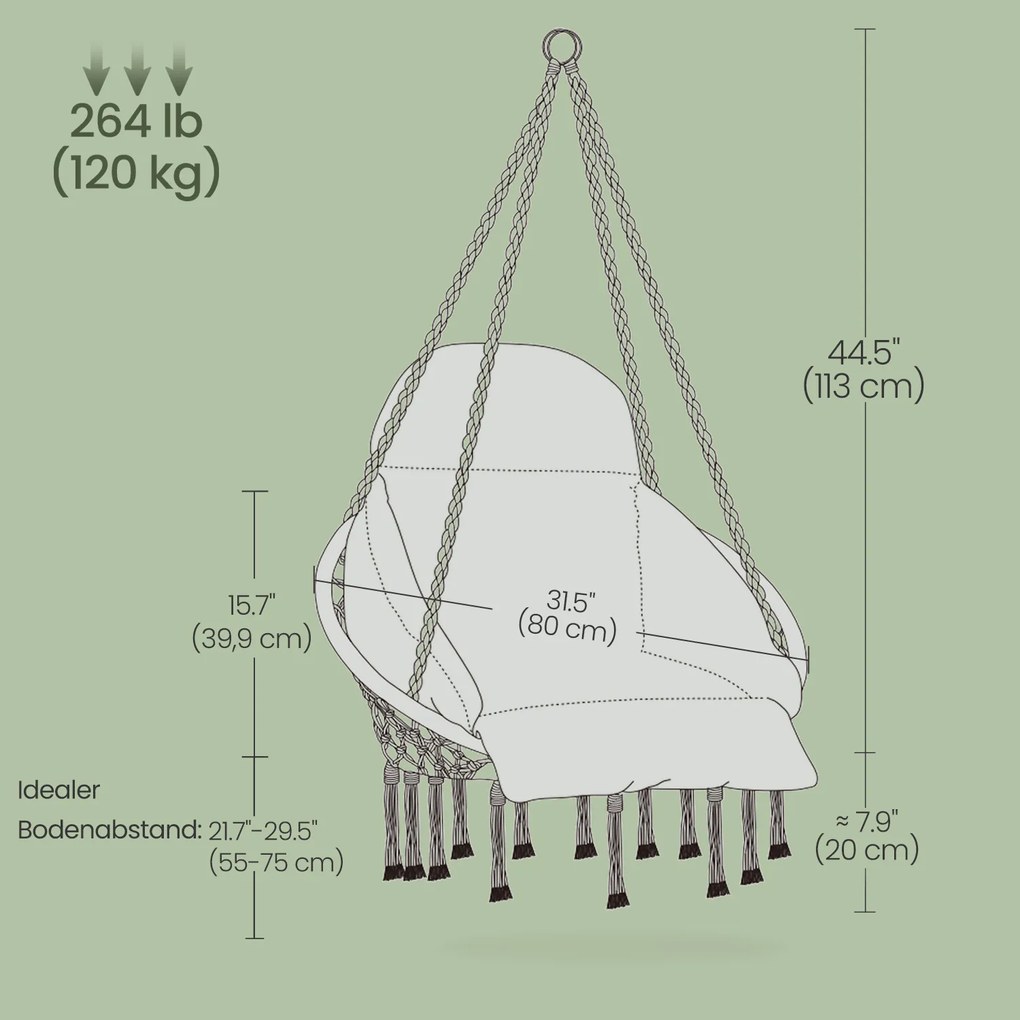 Cadeira suspensa descanso jardim, com capacidade de carga até 120 kg, baloiço suspenso Cinzento