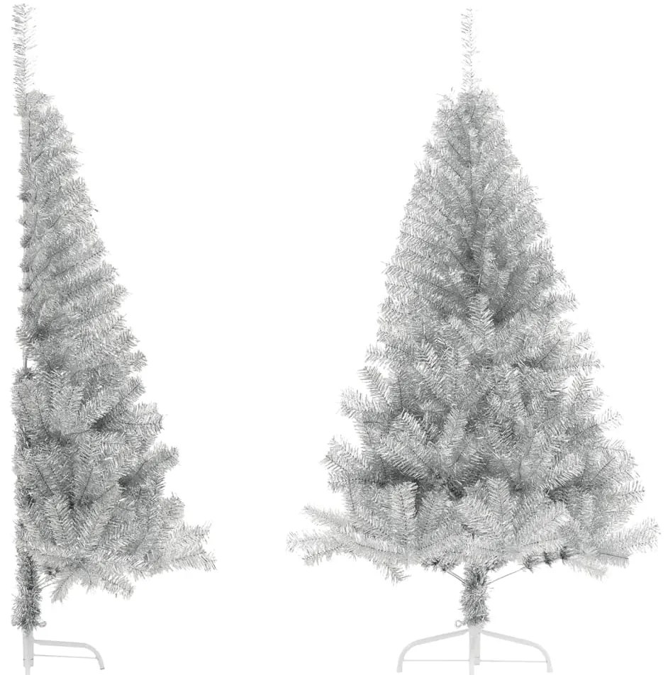 Meia árvore de Natal artificial com suporte 180 cm PET prateado