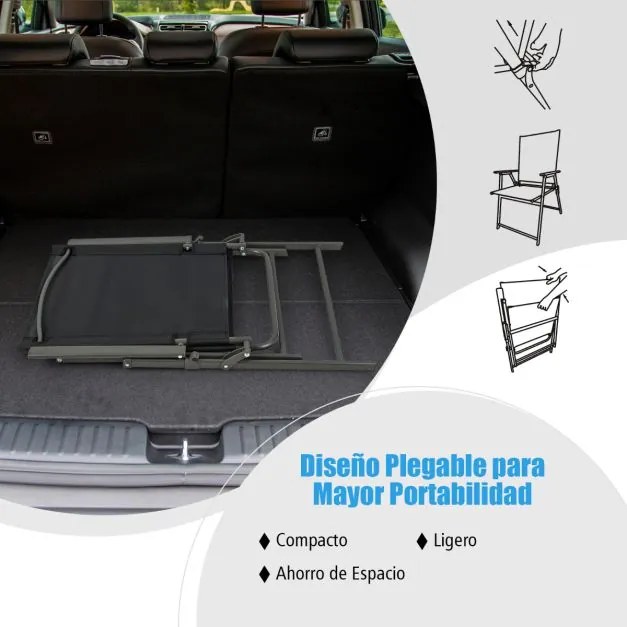 Conjunto de 2 cadeiras de jardim dobráveis com encosto alto Cadeira de jardim exterior portátil em metal de tecido resistente Pretas