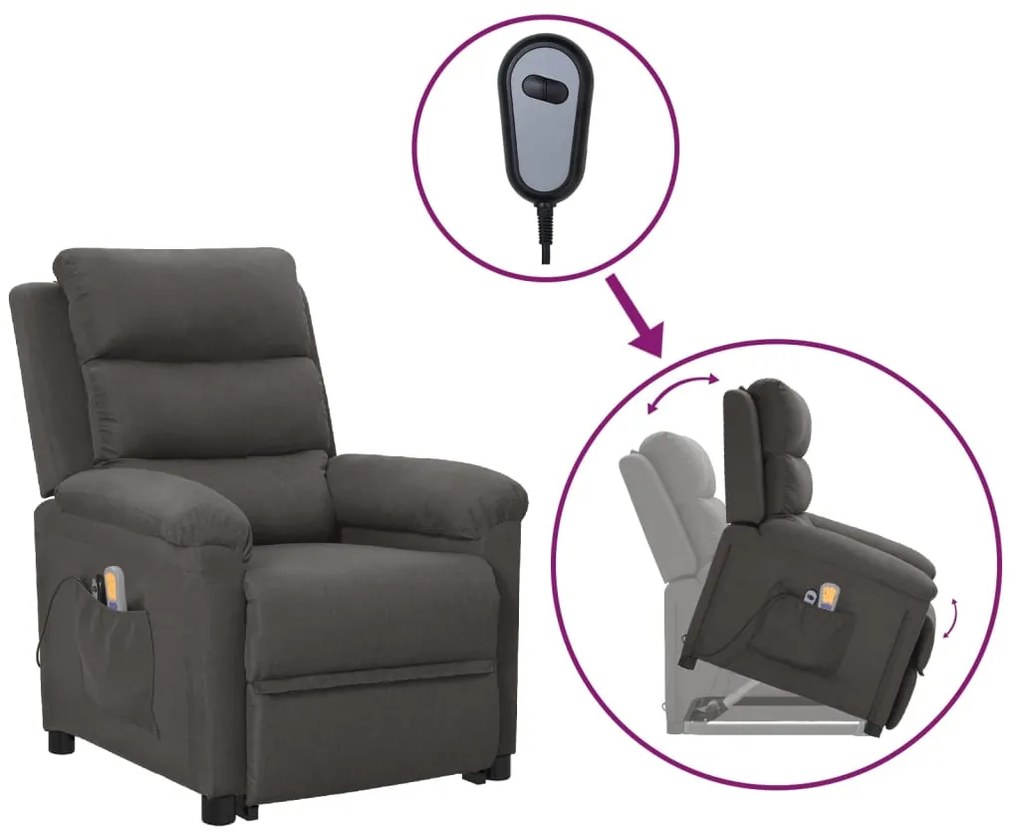 vidaXL Poltrona de massagens elevatória tecido cinzento-escuro