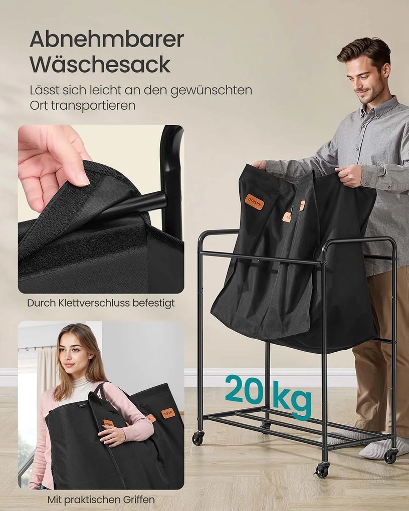 Cesto da roupa suja 200 L com rodas e 3 compartimentos Preto