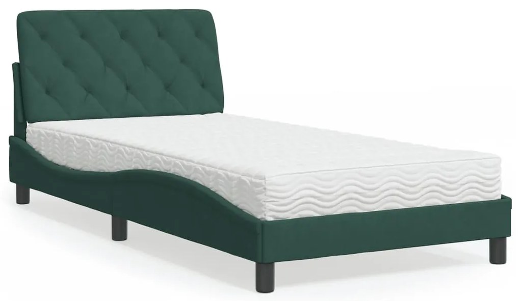 Cama com colchão 100x200 cm veludo verde-escuro