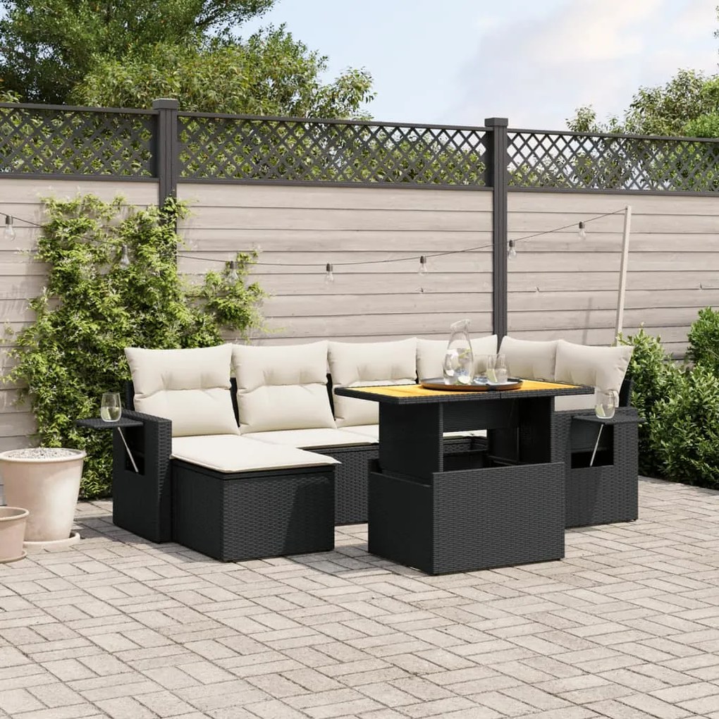 7 pcs conjunto de sofás p/ jardim c/ almofadões vime PE preto