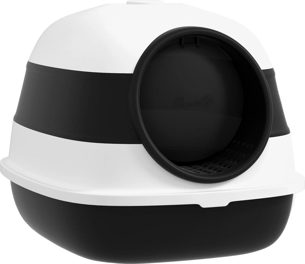 Caixa de areia para gatos dobrável com porta de batente e claraboia + pá incluída, preto e branco