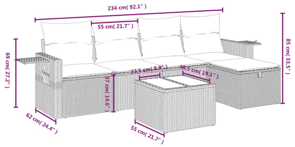 6 pcs conj. sofás jardim com almofadões vime PE cinzento-claro