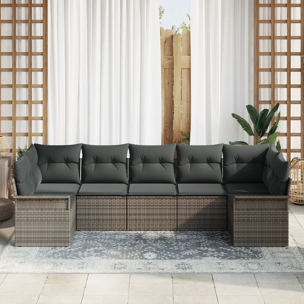 Conjunto de Sofá de Jardim de 7 Peças com Almofadas Cinzento Rattan Po