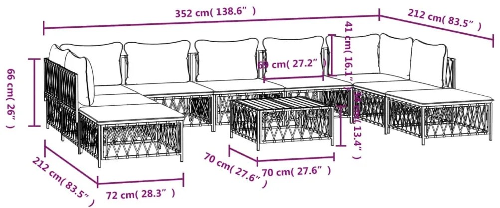 10 pcs conjunto lounge de jardim com almofadões aço branco