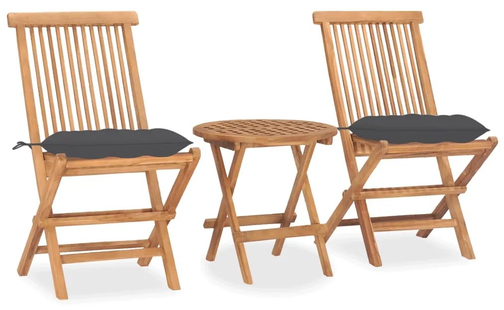 vidaXL 3 pcs conj. jantar dobrável exterior c/ almofadão teca maciça