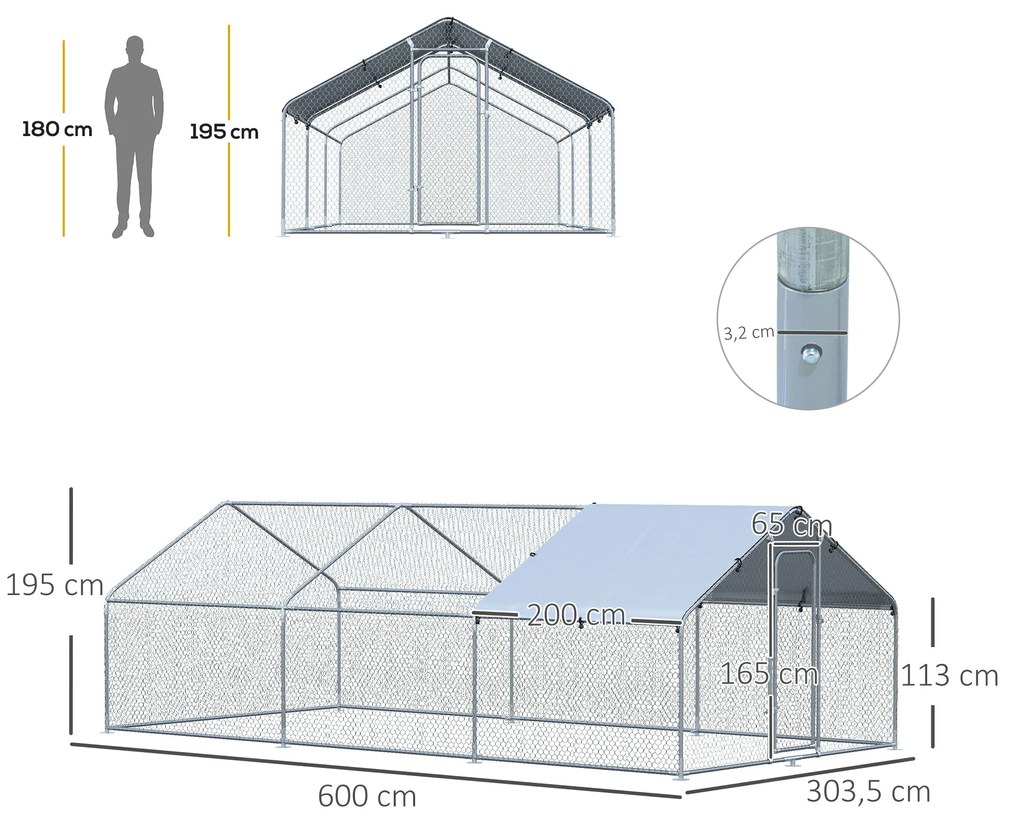 Galinheiro de Exterior Grande 3.03x6x1,95cm Gaiola de Metal Galvanizado para Galinhas Coelhos Aves com Fechadura Prata