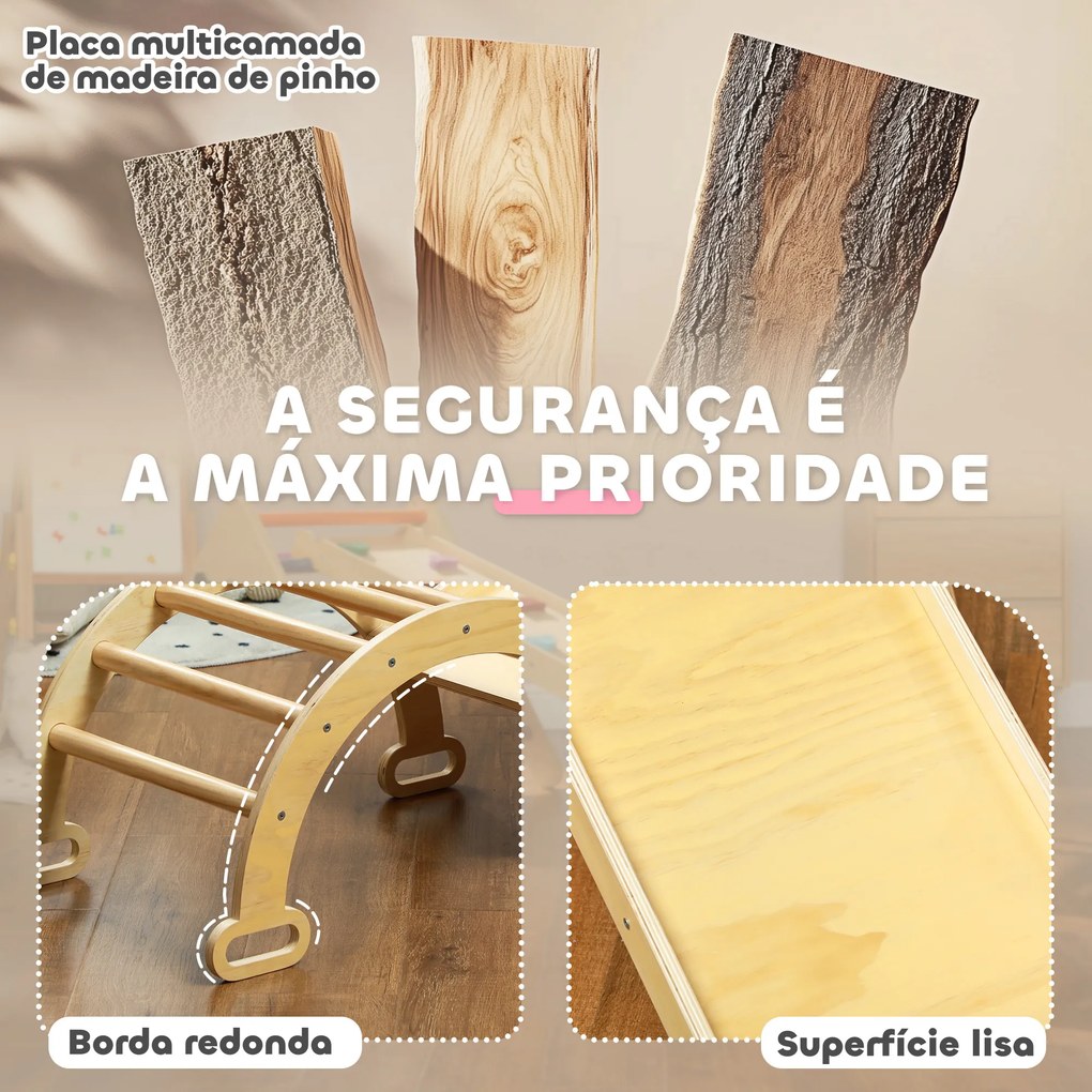 Triângulo de Escalada de Madeira 5 em 1 Escada para Crianças de 18-48 Meses com Rampa e Arco de Escalada 178x64,5x63 cm Madeira