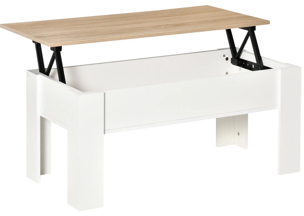 HOMCOM Mesa de Centro com Bancada Elevatória Compartimento Aberto e Oculto 100x50x45-58,5 cm Branco e Madeira | Aosom Portugal
