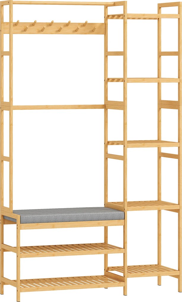 HOMCOM Cabide de pé com prateleira para sapatos, ganchos para roupas, cabide para casacos, banco com almofada, para corredor, entrada, madeira natural | Aosom Portugal