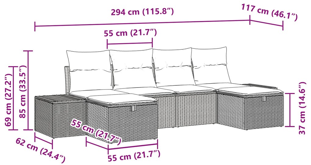 Conjunto de Sofá de Jardim de 6 Peças com Almofadas Preto Vime Sintéti