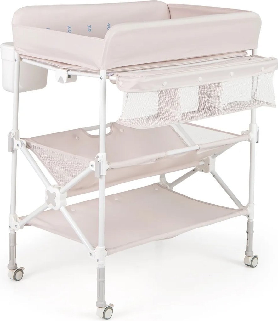 Mesa para trocar fraldas portátil dobrável com rodas impermeável altura ajustável e caixote do lixo para bebés rosa claro