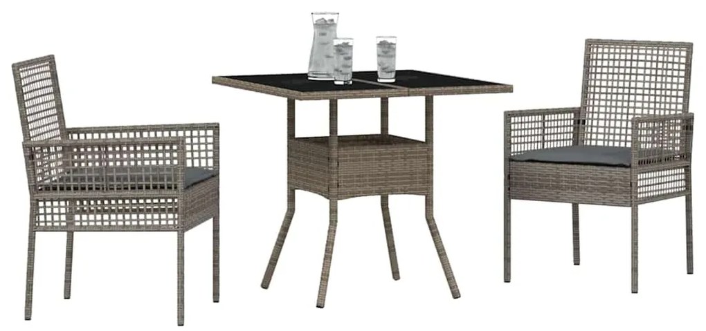 Conjunto de Jantar de Jardim 3 Peças Cinza em Rattan Poliéster