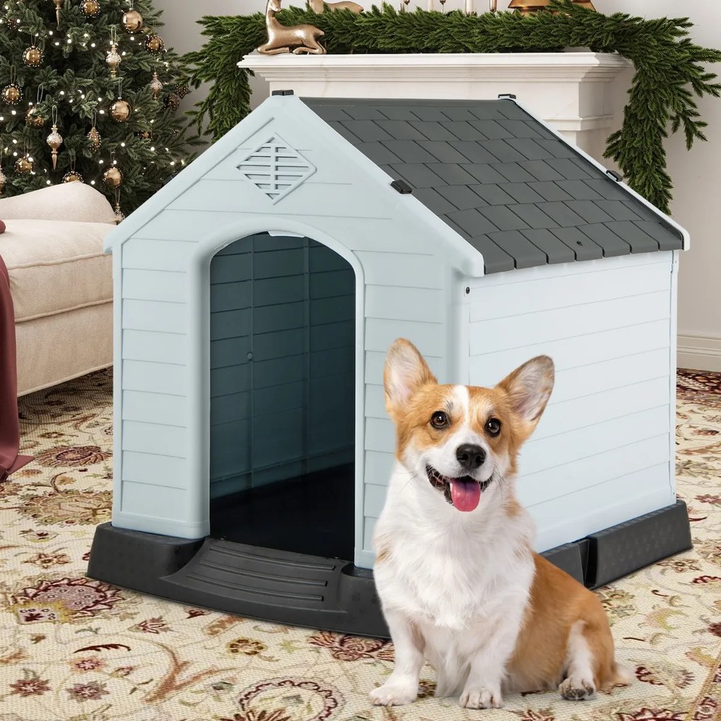 Casota de plástico para cães com piso elevado e válvulas de ar, ideal para cães pequenos e médios branco e cinza