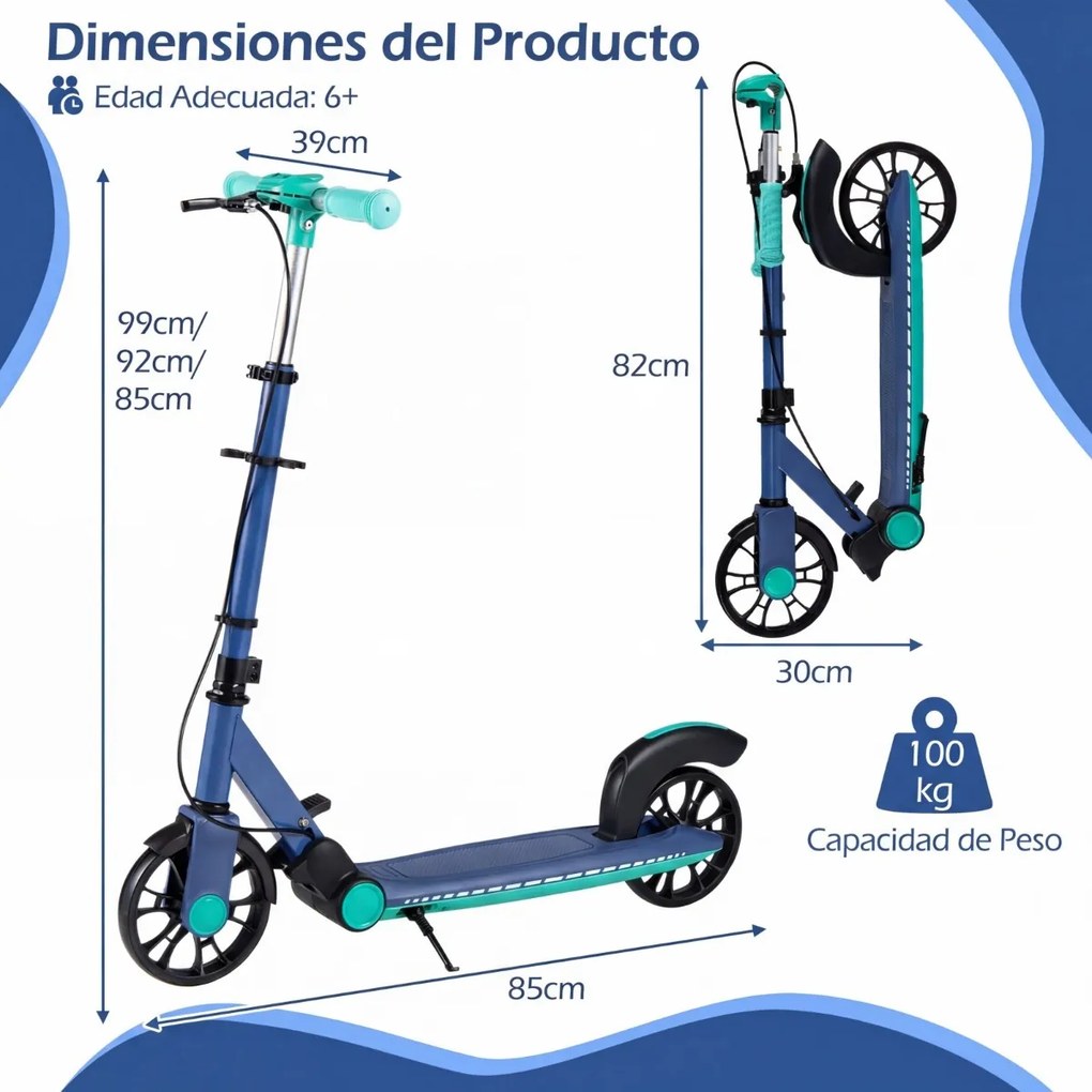 Trotinete dobrável para crianças +6 anos 2 rodas iluminadas com Guiador ajustável em 3 alturas Plataforma antiderrapante Azul