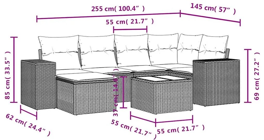 7 pcs conjunto de sofás p/ jardim c/ almofadões vime PE preto
