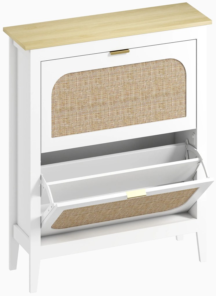 Sapateira Estreita com 2 Portas em Vime e Prateleiras Ajustáveis para 14 Pares de Sapatos 105x24x95,5 cm Branco