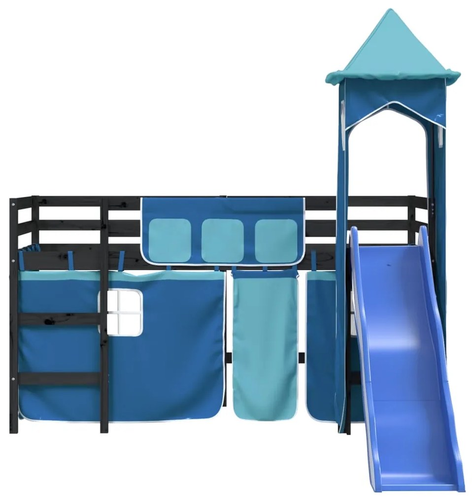 Cama alta para criança com torre 90x190 cm pinho maciço azul