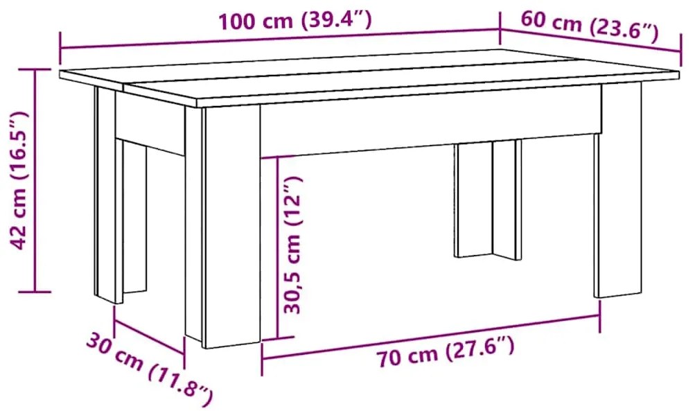 Mesa centro 100x60x42 cm derivados de madeira carvalho castanho