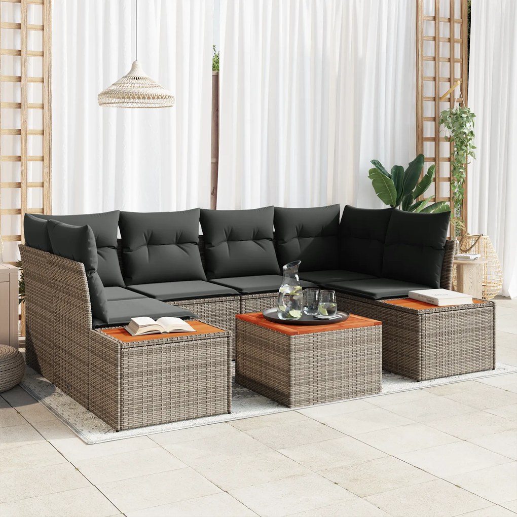 vidaXL Conjunto de Sofás de 7 Peças com Almofadas Cinza Polyrattan Acácia