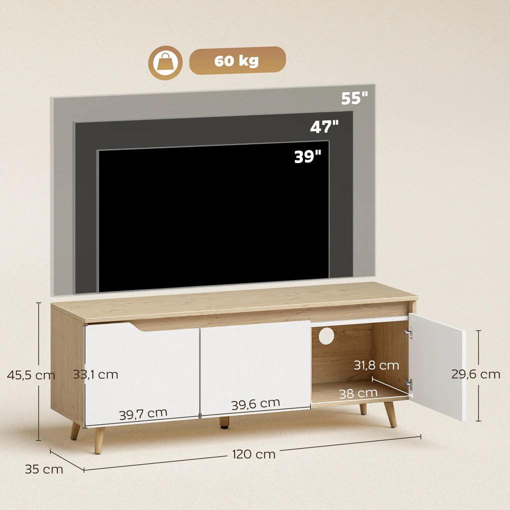 Móvel TV 120 cm para Televisor até 140 cm com 3 Portas Prateleira Ajustável Carvalho e Branco