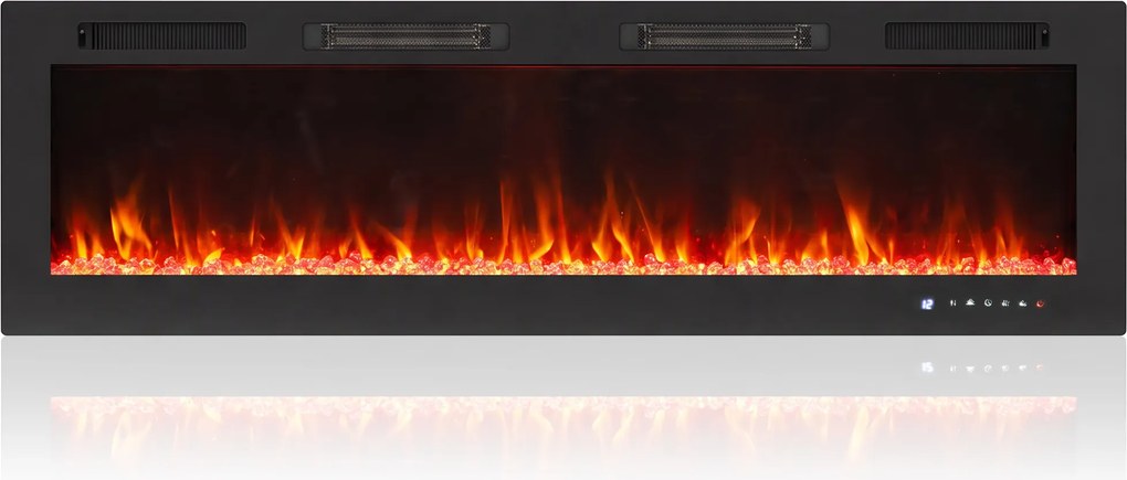 HOMCOM Lareira Elétrica Embutida com Chama Independente, 3 Modos de Aquecimento e Controlo Remoto, 152.4x9.4x47 cm, Preto | Aosom Portugal