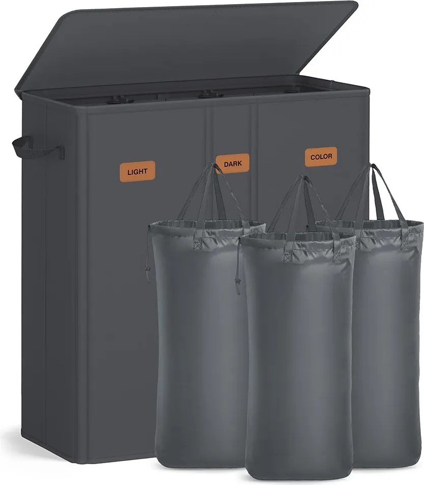 Cesto da roupa suja 160L, 64 x 33 x 75 cm com três compartimentos, tampa e saco interior lavável cinzento escuro