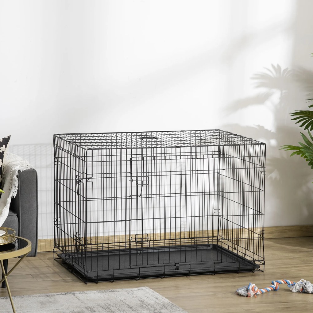 Gaiola para Cães Pequenos Gaiola para Animal de Estimação Dobrável com 2 Portas Alça de Transporte Bandeja Removível Aço 106x71x76cm Preto