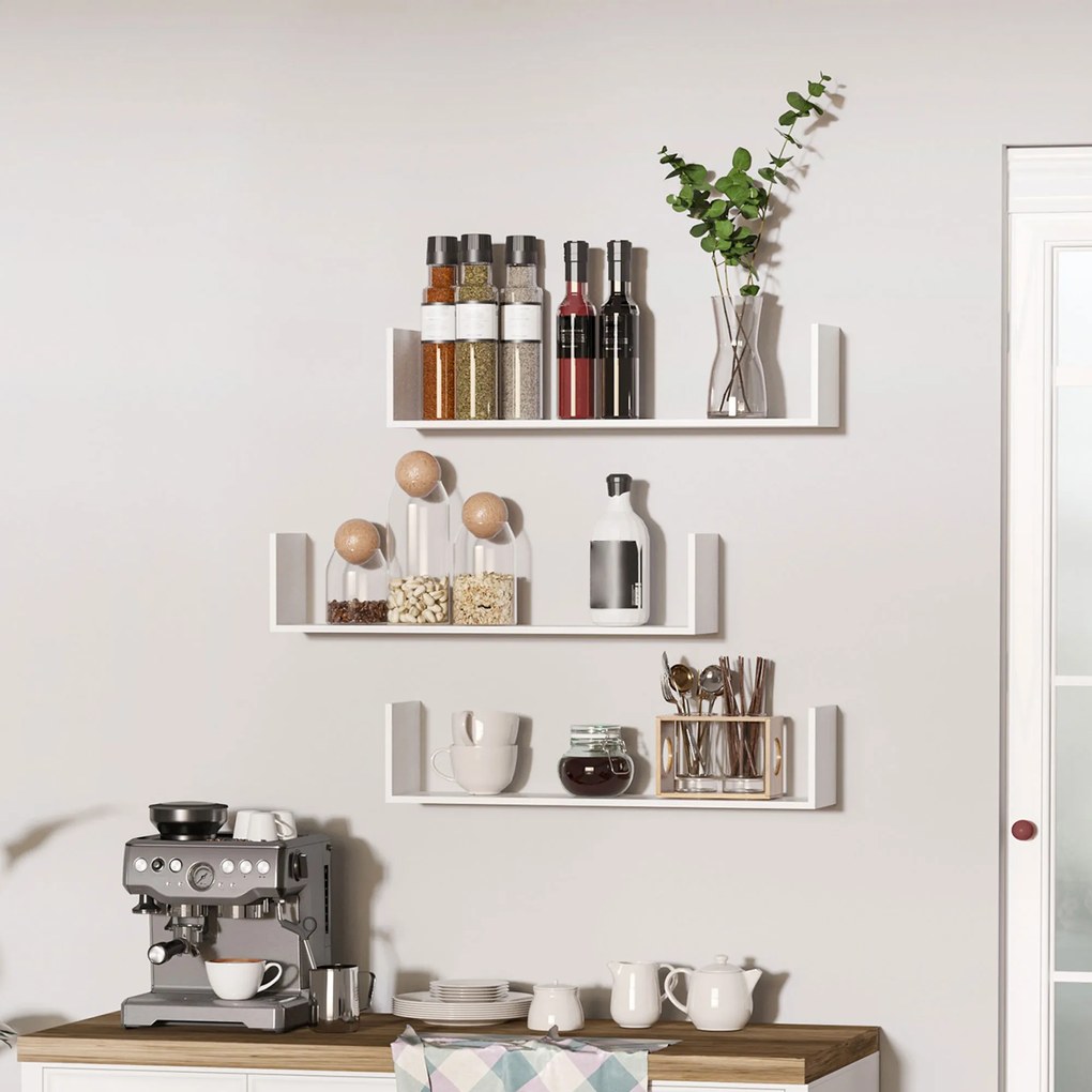 Conjunto de 3 prateleiras de parede suspensas - 80 x 18 x 18 cm - kit completo de fixação incluído - MDF com acabamento em madeira branca