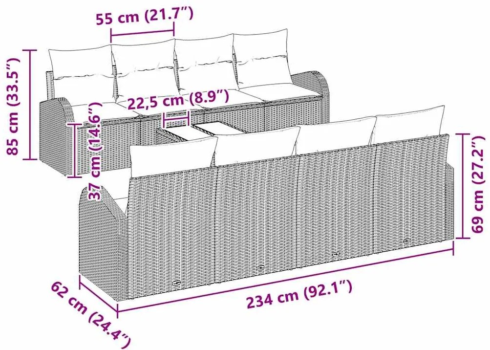 Conjunto de Sofá de Jardim de 9 Peças com Almofadas Cinza Claro Rattan