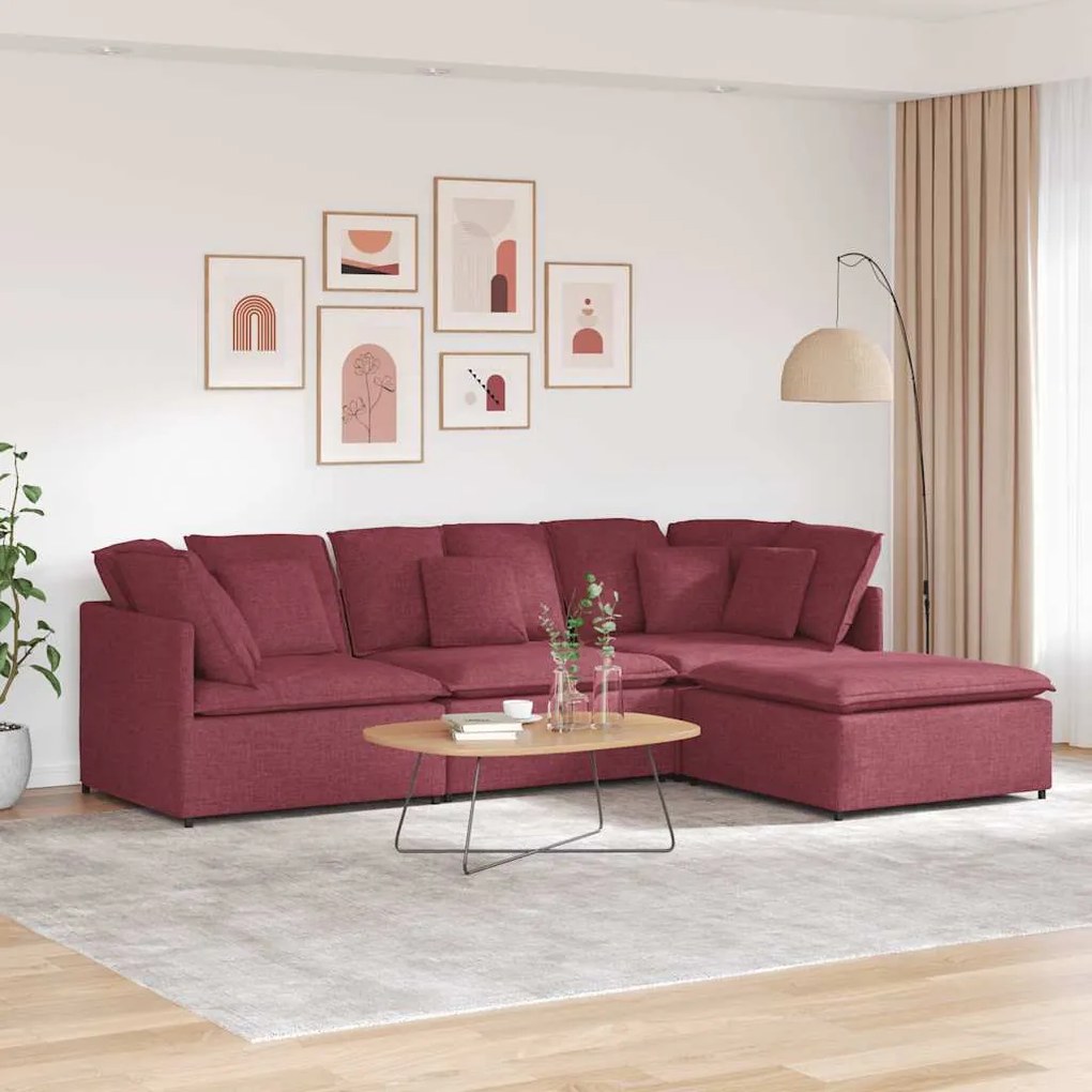 vidaXL Sofá modular com pufes e almofadas tecido vermelho tinto